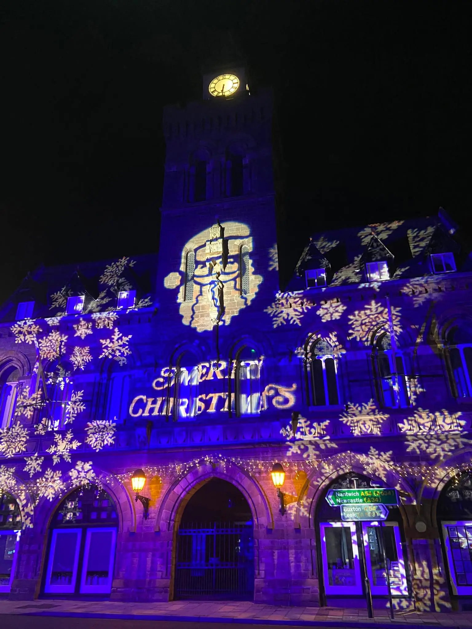 Congleton Town Hall illuminated with festive Christmas light projections